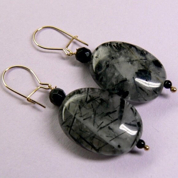 14KY GOLD Tourmalated Quartz & Black ONYX Earrings - Picture 1 of 6